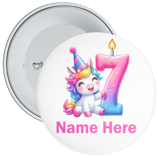 Personalised Colourful 7th Birthday Badge Unicorn Themed - Age 7 Badge - Pink - Girl