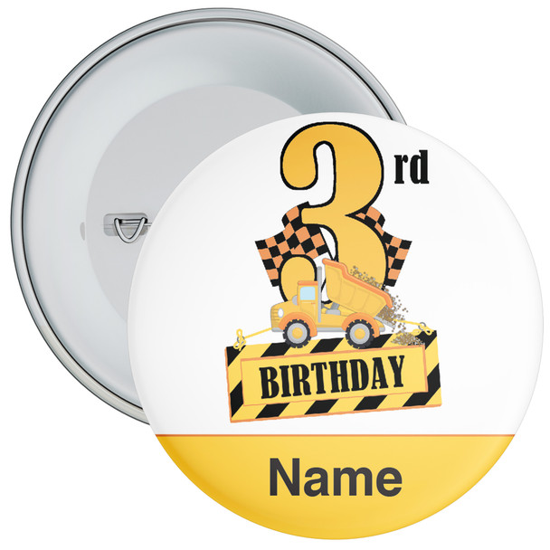 Personalised Construction Truck 3rd Birthday Badge - Age 3 Badge - Boy
