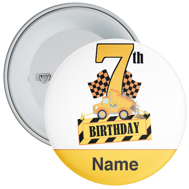 Personalised Construction Truck 7th Birthday Badge - Age 7 Badge - Boy