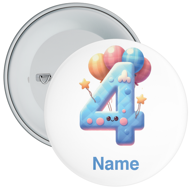 Personalised Colourful Balloon 4th Birthday Badge - Age 4 Badge - Boy - Girl