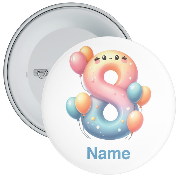 Personalised Colourful Balloon 8th Birthday Badge - Age 8 Badge - Boy - Girl
