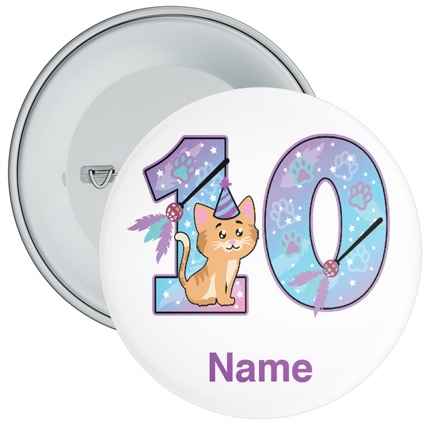 Personalised Kitten Themed 10th Birthday Badge - Age 10 Badge - Boy - Girl