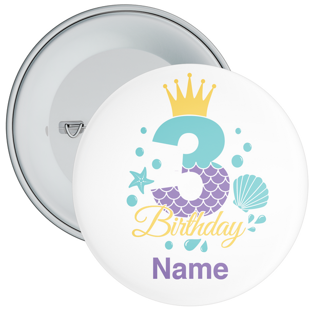 Personalised Mermaid 3rd Birthday Badge - Age 3 Badge - Girl