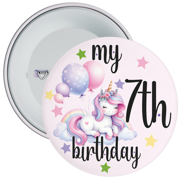 My 7th Birthday Badge Unicorn Cloud Themed - Age 7 Badge - Pink - Girl