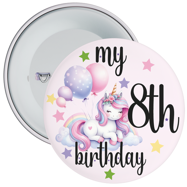My 8th Birthday Badge Unicorn Cloud Themed - Age 8 Badge - Pink - Girl