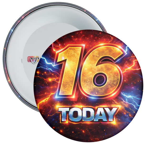 16 Today Birthday Badge – Lightning Superhero Design – Age 16