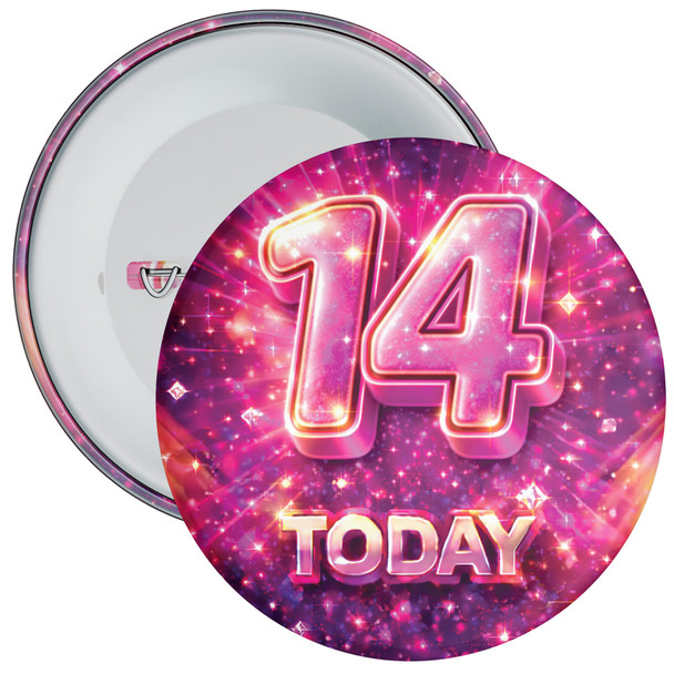 14 Today Birthday Badge – Pink Sparkle Design – Age 14