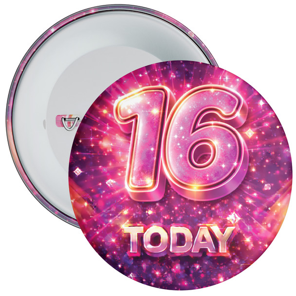 16 Today Birthday Badge – Pink Sparkle Design – Age 16