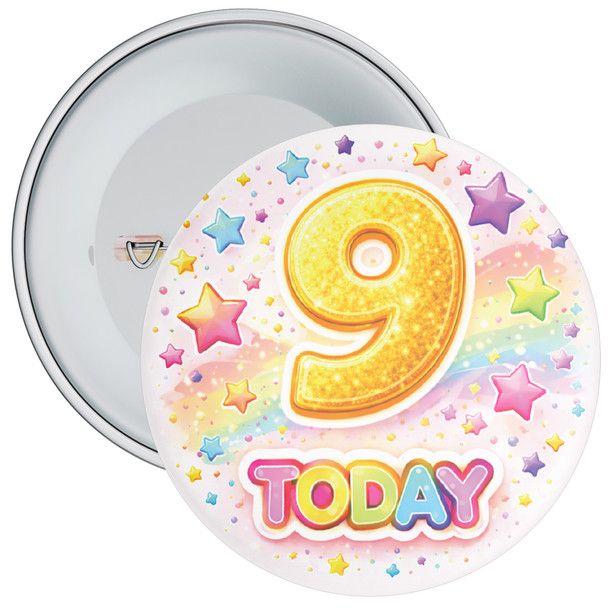 9 Today Birthday Badge Child – Rainbow Stars Design – Age 9