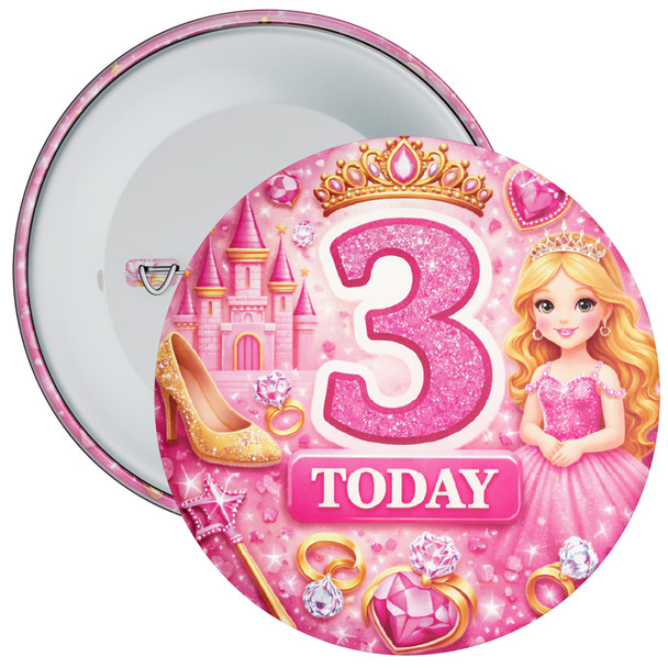 3 Today Birthday Badge Child – Princess Fairytale Design – Age 3