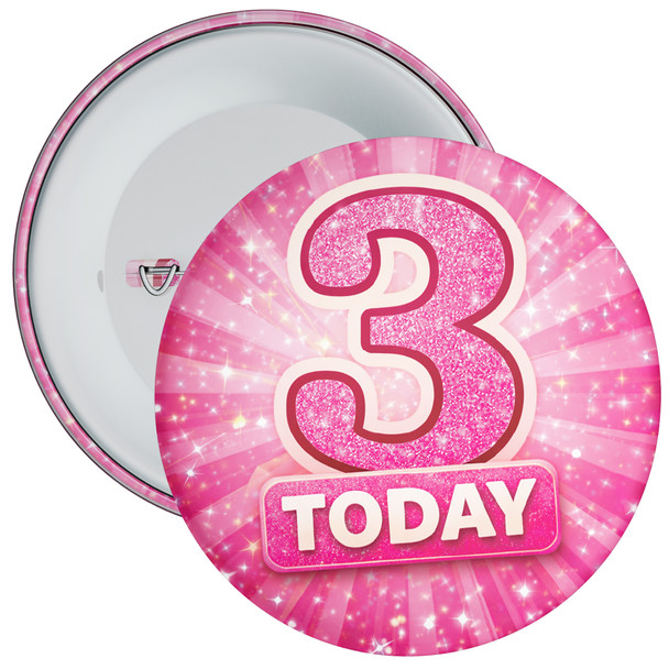 3 Today Birthday Badge Child – Pink Glitter Burst Design – Age 3