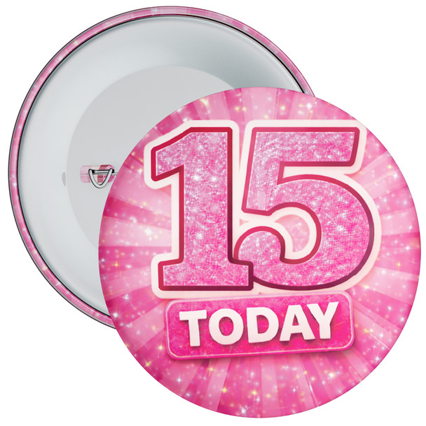 15 Today Birthday Badge – Pink Glitter Burst Design – Age 15