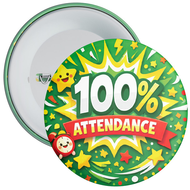 100% Attendance School Badges - Green Achievement Design - Pack of 20