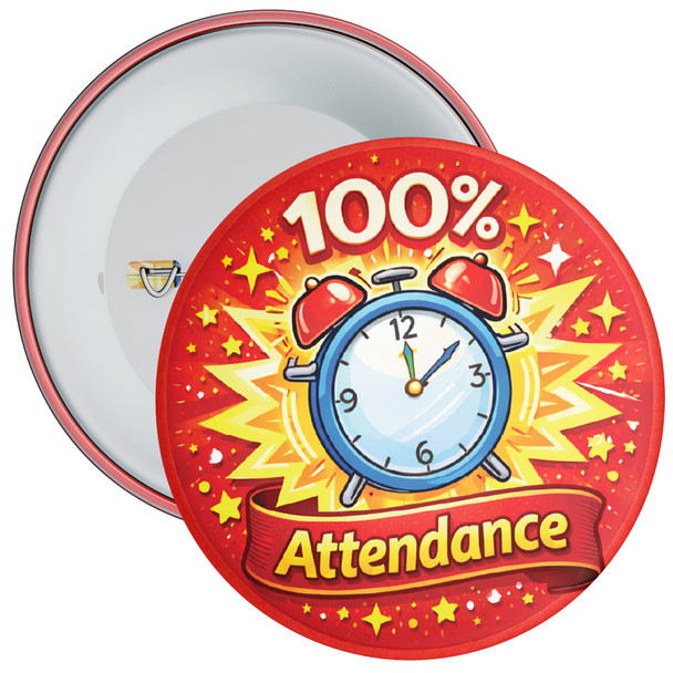 100% Attendance School Badge – Clock Design Reward Badge for Pupils
