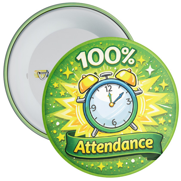 100% Attendance School Attendance Badge – Green Clock Reward Badge for Pupils