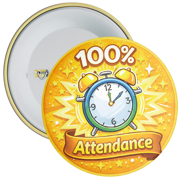 100% Attendance School Attendance Badge – Yellow Clock Reward Badge for Pupils