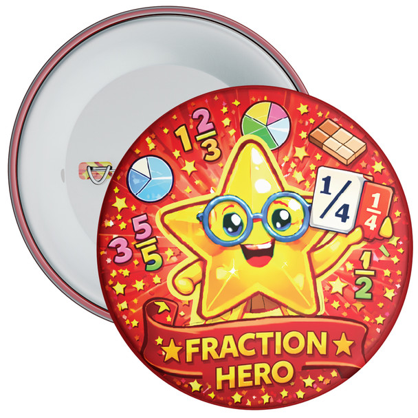 Red Fraction Hero Maths School Badge Pack - Fractions Reward Badges (Pack of 20)