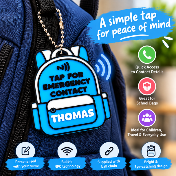 Blue Personalised NFC Emergency Contact Bag Tag – Custom Name Backpack Safety Tag