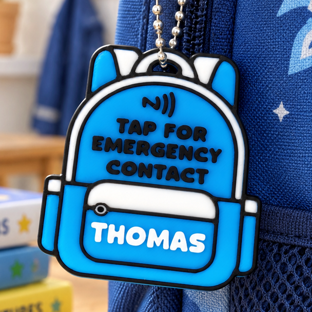 Blue Personalised NFC Emergency Contact Bag Tag – Custom Name Backpack Safety Tag