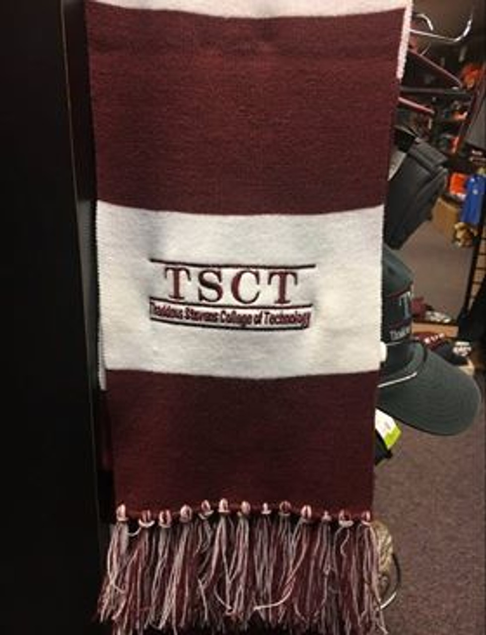 maroon and white scarf