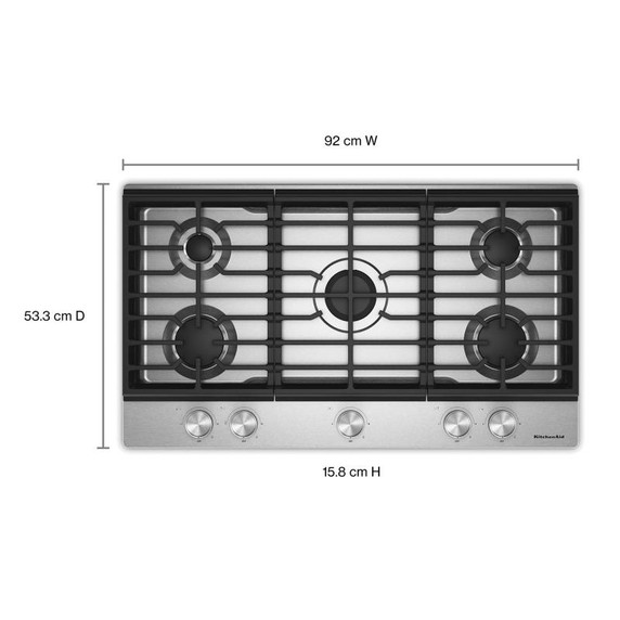 Kitchenaid® Gas-on-Metal Cooktop with 5 Versatile Burners and Edge-to-Edge Cast-Iron Grates KCGK336SSS