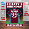 Personalised West Ham Football Fan Birthday Card - Soccer team - Any Age - Any Name - Any Message