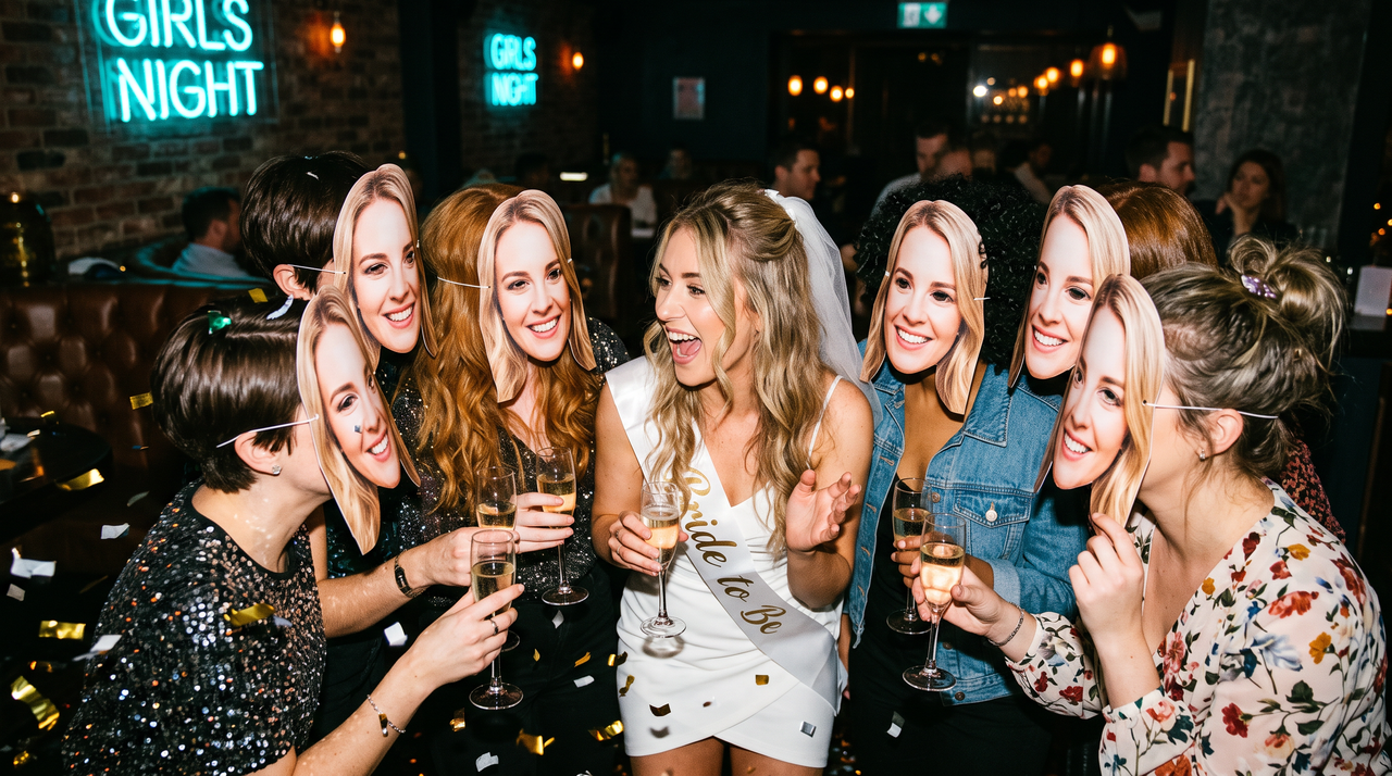 Hen party friends all wearing printed card masks of the bride's face