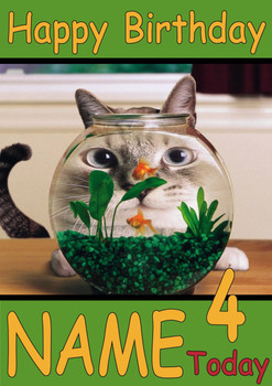 Cat Looking At Fish Bowl Personalised Birthday Card