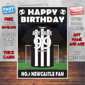 Personalised Newcastle Football Fan Birthday Card - Soccer team - Any Age - Any Name - Any Message