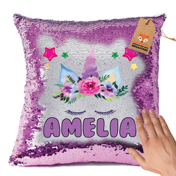 Hot Pink and Unicorn 105 - White Design Magic Reveal Cushion Cover PERSONALISED Sequin Christmas