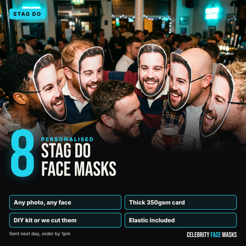Personalised stag do face masks, pack of 8, printed from your photo on thick 350gsm card