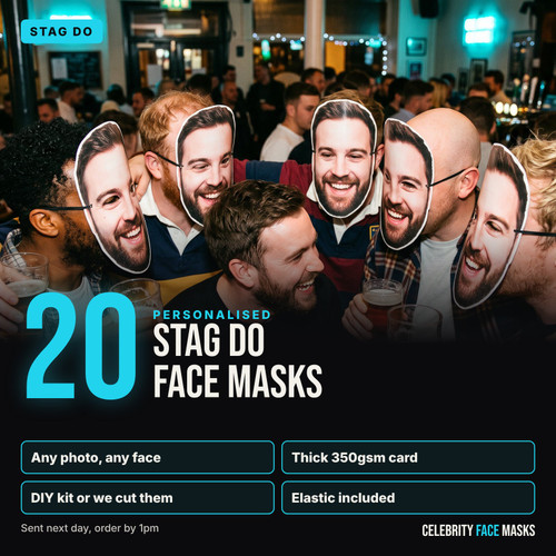 Personalised stag do face masks, pack of 20, printed from your photo on thick 350gsm card