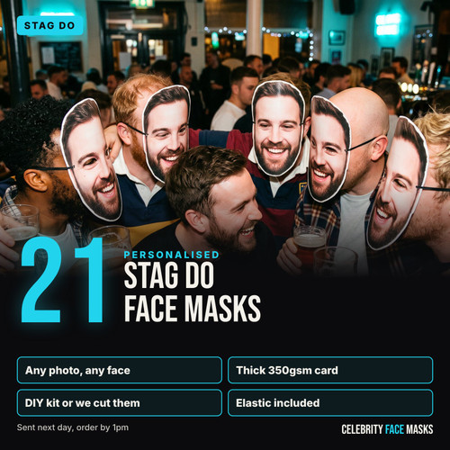 Personalised stag do face masks, pack of 21, printed from your photo on thick 350gsm card