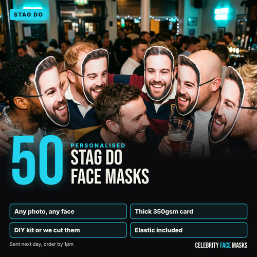 Personalised stag do face masks, pack of 50, printed from your photo on thick 350gsm card