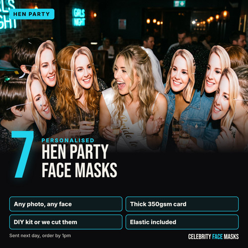 Personalised hen party face masks, pack of 7, printed from your photo on thick 350gsm card