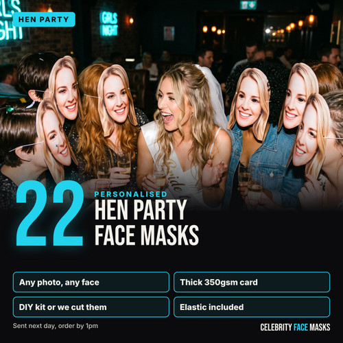 Personalised hen party face masks, pack of 22, printed from your photo on thick 350gsm card