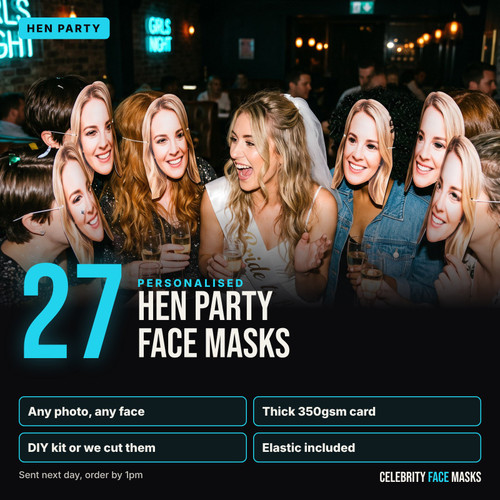 Personalised hen party face masks, pack of 27, printed from your photo on thick 350gsm card