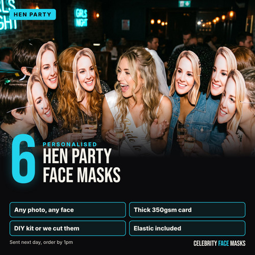 Personalised hen party face masks, pack of 6, printed from your photo on thick 350gsm card