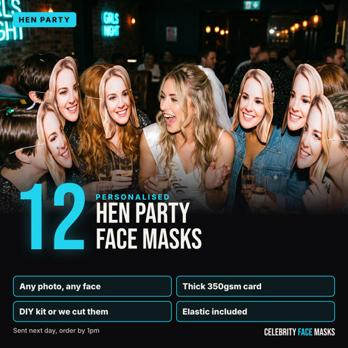 Personalised hen party face masks, pack of 12, printed from your photo on thick 350gsm card