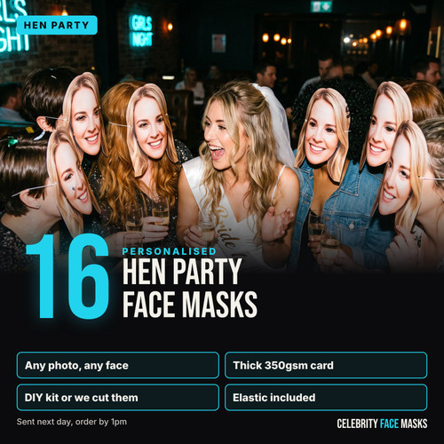 Personalised hen party face masks, pack of 16, printed from your photo on thick 350gsm card