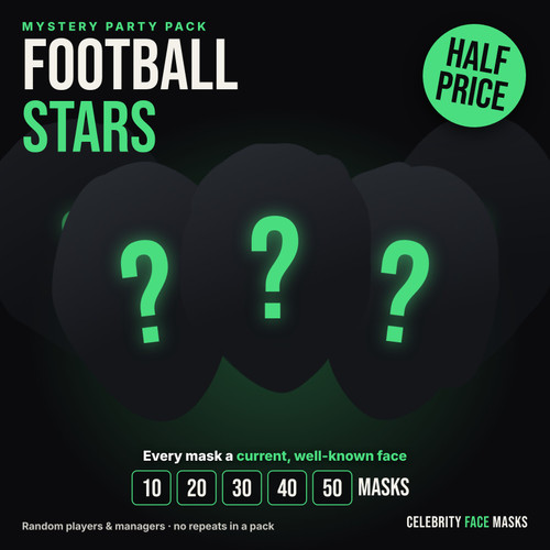 Mystery Football Stars celebrity face mask party pack, half price, 10 to 50 masks