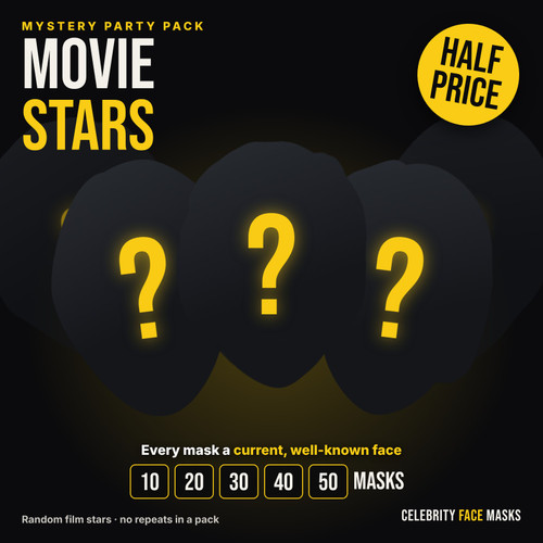 Mystery Movie Stars celebrity face mask party pack, half price, 10 to 50 masks