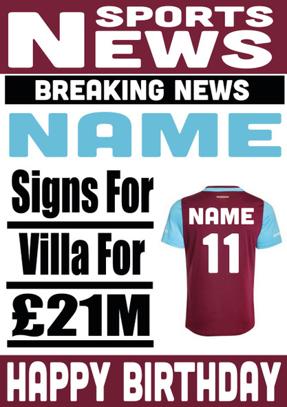 Signed For Aston Villa Personalised Card