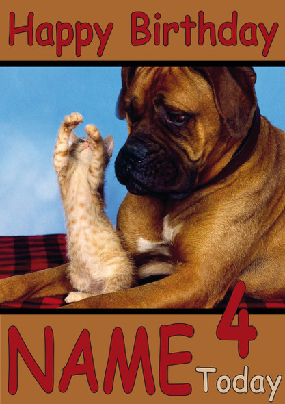 Kitten Reaching Up To Large Dog Personalised Birthday Card