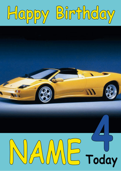 Yellow Sports Car Side View Personalised Birthday Card