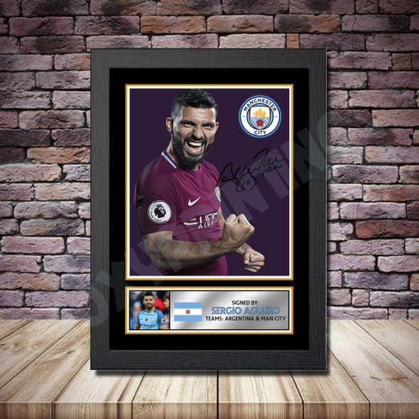 Personalised Signed Football Autograph Print - Sergio Aguero 3 Purple Framed Or Print Only