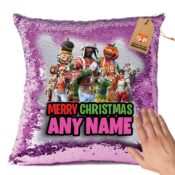 Shiny Hot Pink Fortnite Fn3 - White Design Magic Reveal Cushion Cover And Insert Personalised Sequin Christmas