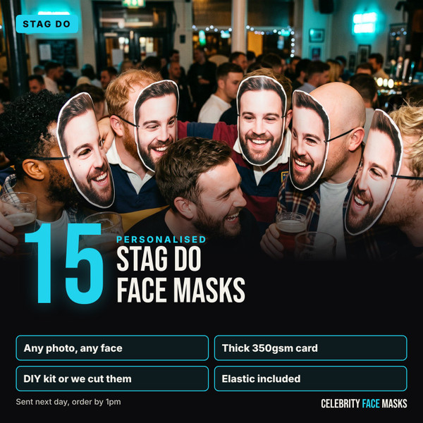 Personalised stag do face masks, pack of 15, printed from your photo on thick 350gsm card