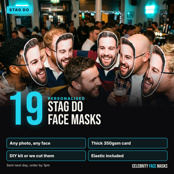 Personalised stag do face masks, pack of 19, printed from your photo on thick 350gsm card