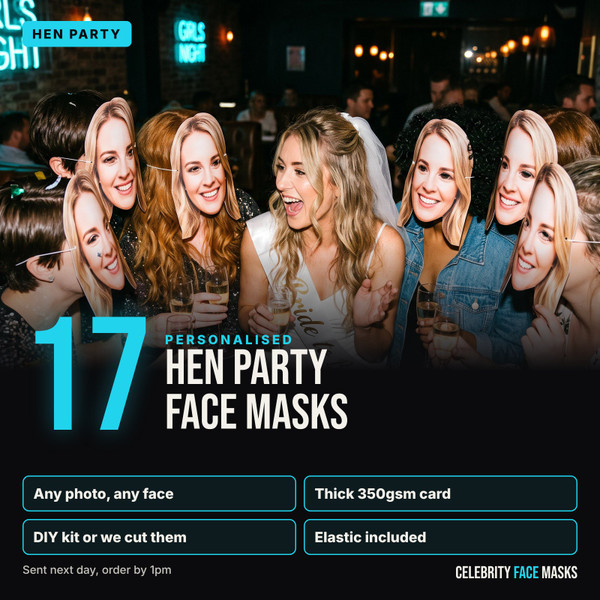 Personalised hen party face masks, pack of 17, printed from your photo on thick 350gsm card